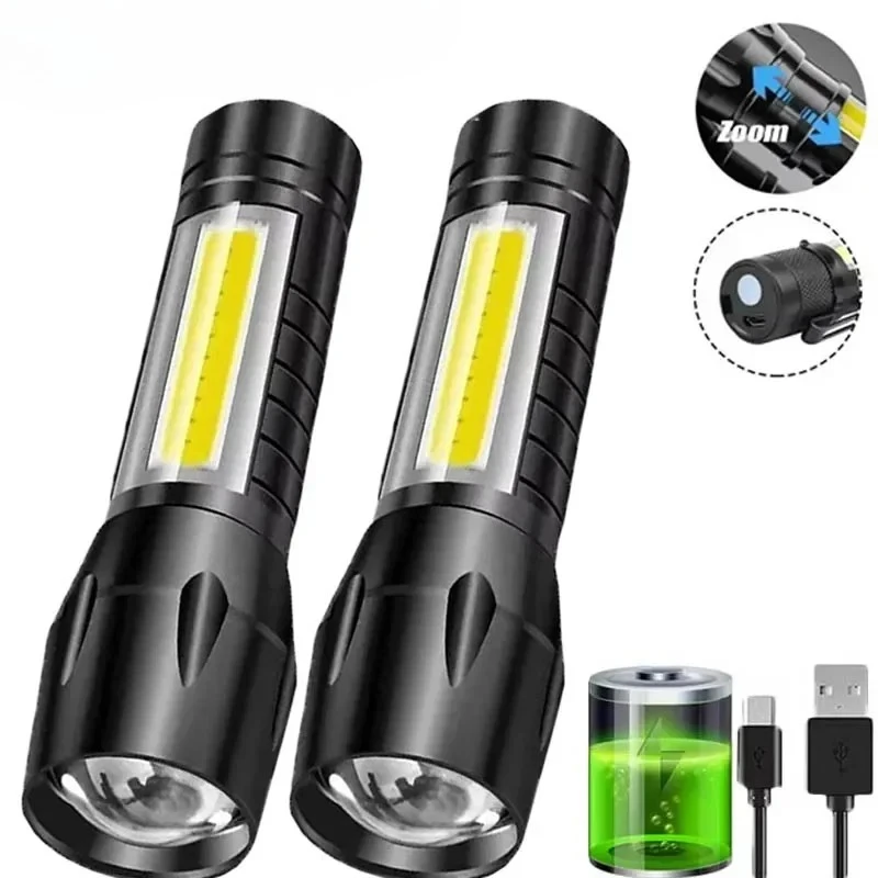 Tactical Flashlight Rechargeable - Portable COB+LED Camping Light Flashlight USB